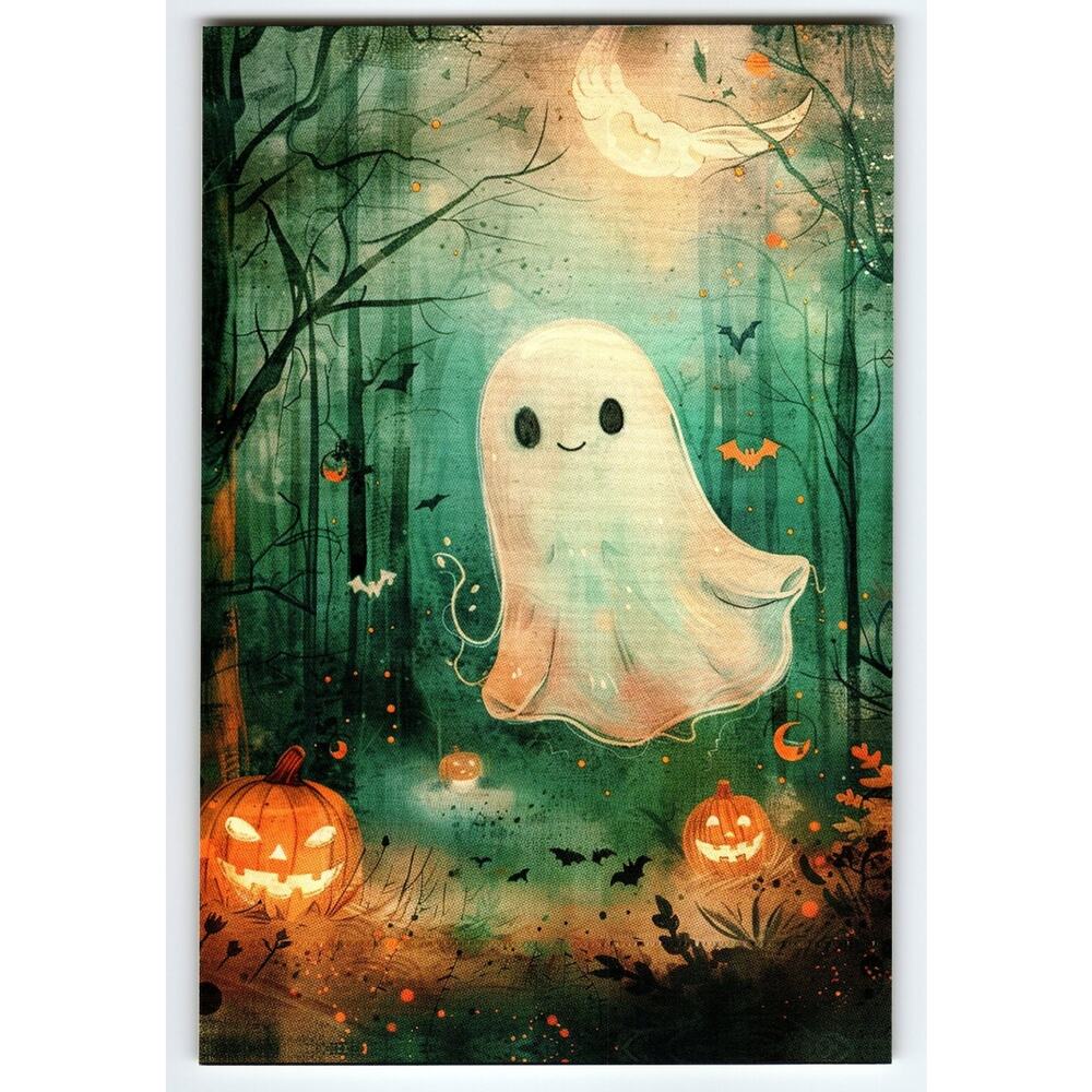 Vintage Halloween Ghost & Jack-O-Lanterns Photochrome Postcard 5.5x4